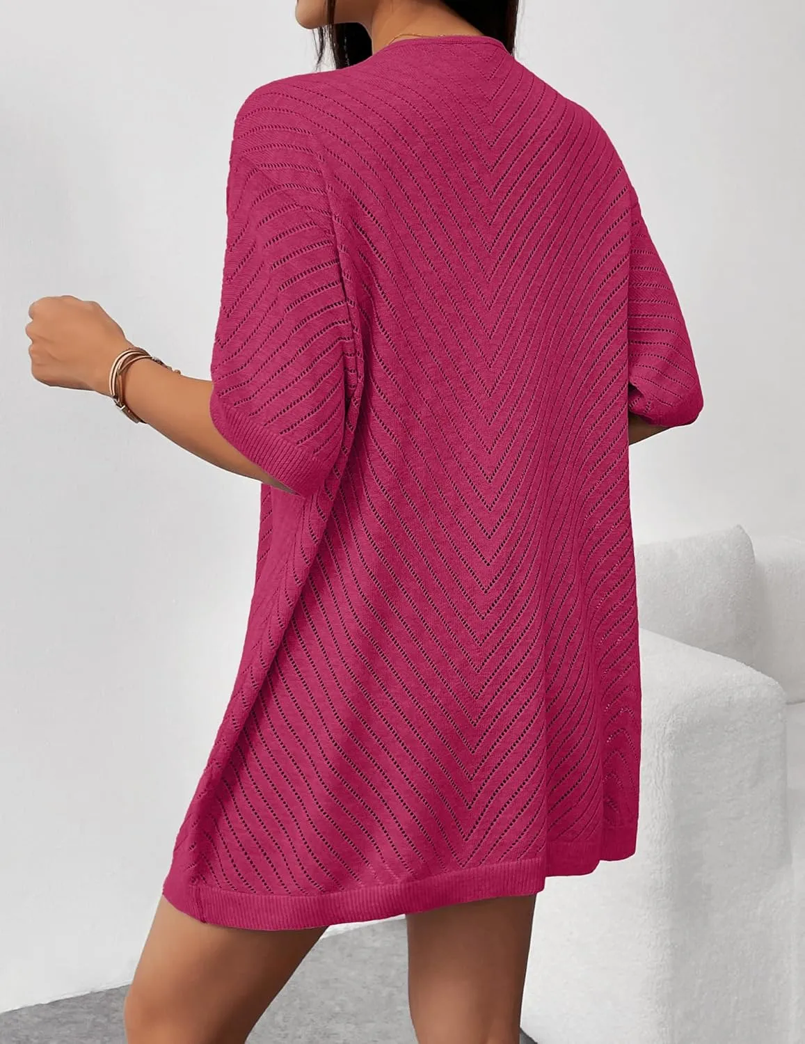 Zeagoo Lightweight Summer Cardigan for Women Short Sleeve V Neck Crochet Kimonos Loose Open Front Hollow Out Cover Ups