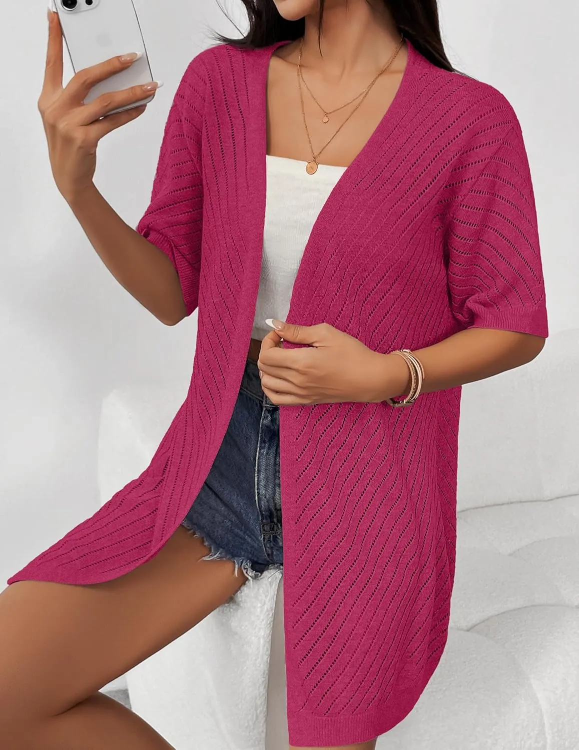 Zeagoo Lightweight Summer Cardigan for Women Short Sleeve V Neck Crochet Kimonos Loose Open Front Hollow Out Cover Ups