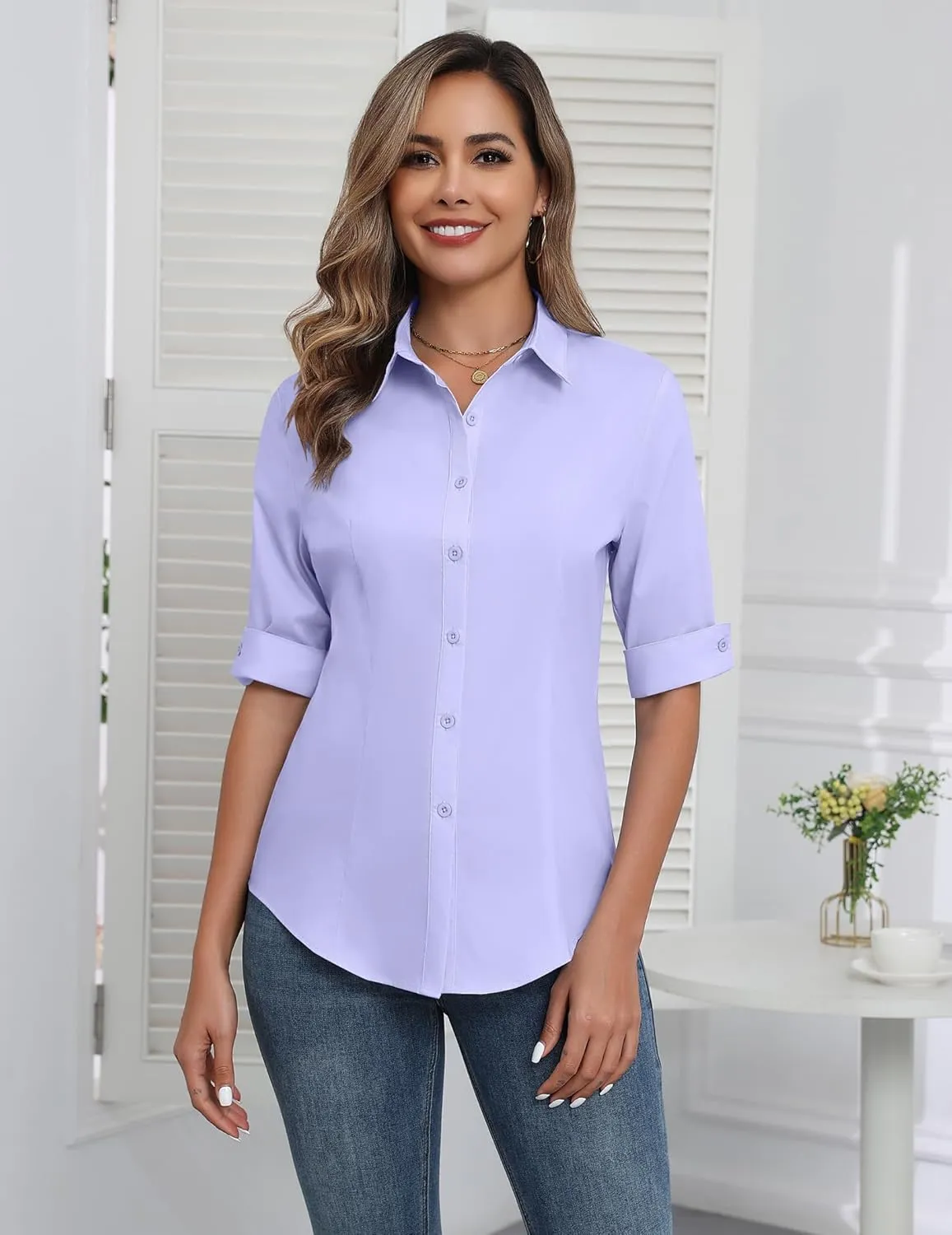 Zeagoo Womens Button Down Shirts 3/4 Sleeve Dress Blouses Business Casual Collared Oxford Tops
