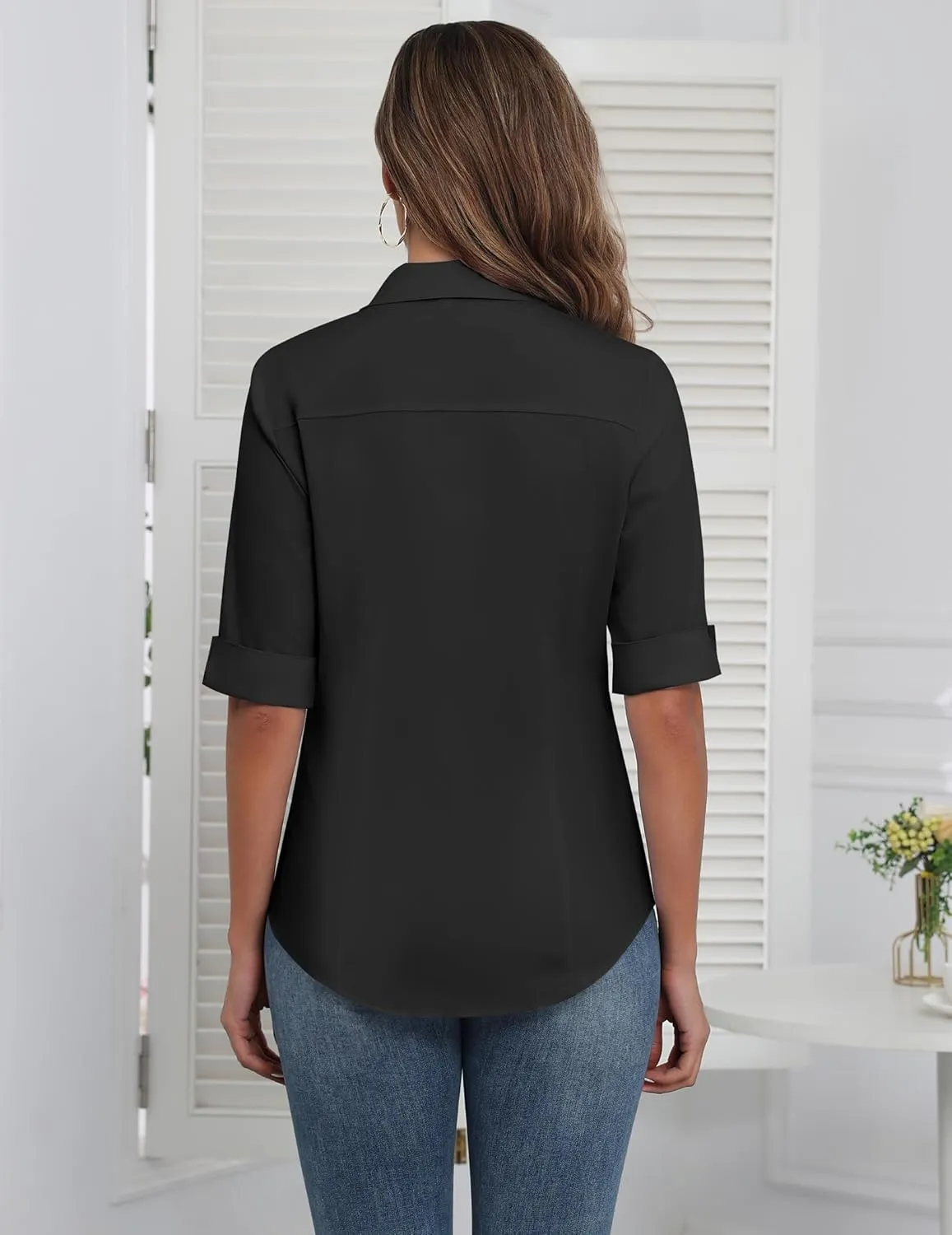 Zeagoo Womens Button Down Shirts 3/4 Sleeve Dress Blouses Business Casual Collared Oxford Tops