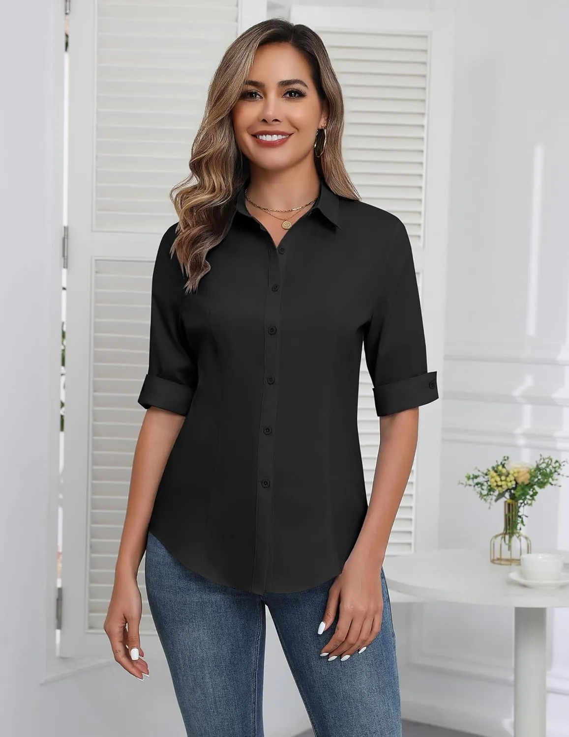 Zeagoo Womens Button Down Shirts 3/4 Sleeve Dress Blouses Business Casual Collared Oxford Tops