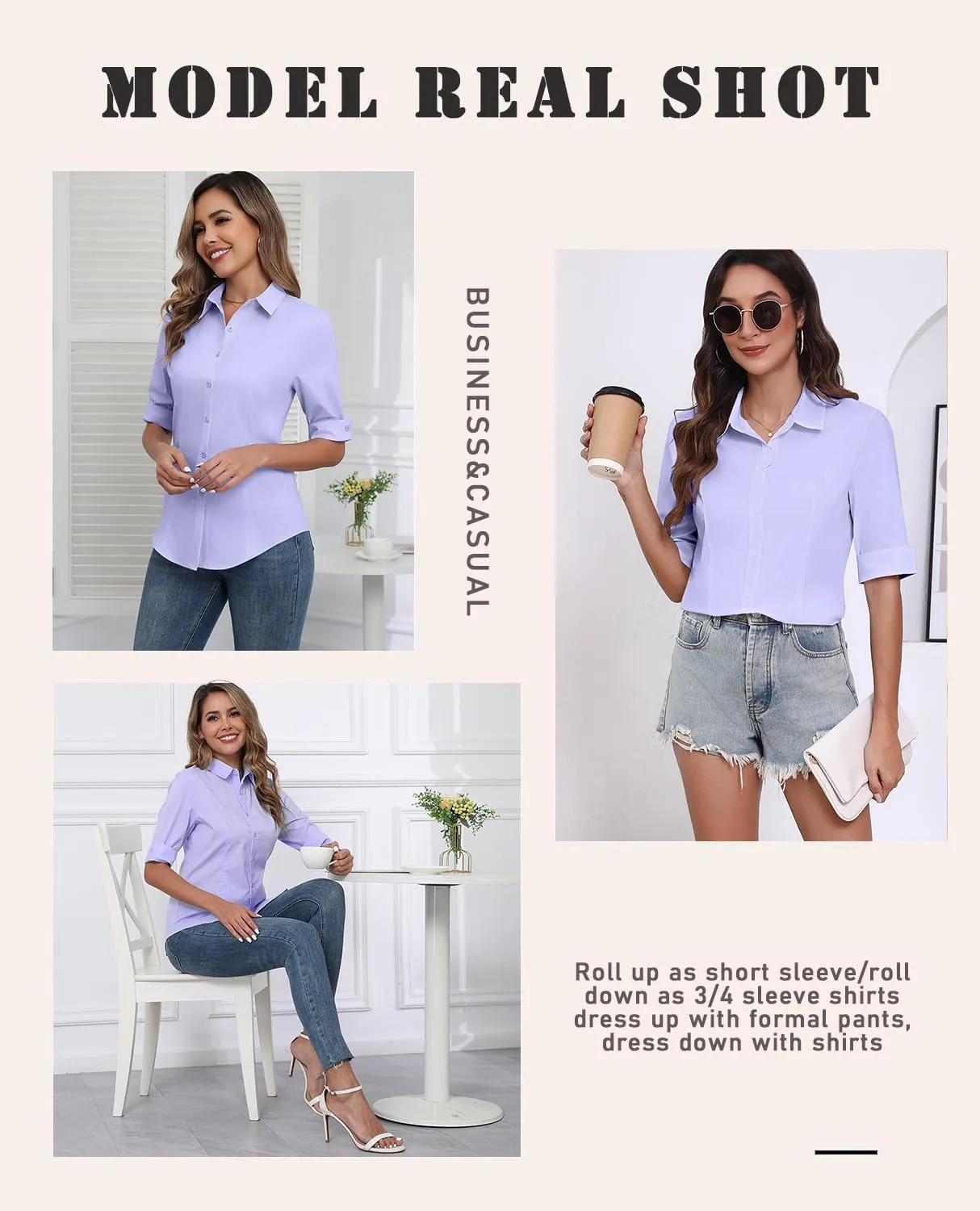 Zeagoo Womens Button Down Shirts 3/4 Sleeve Dress Blouses Business Casual Collared Oxford Tops